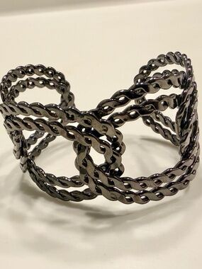 Boutique Gunmetal Interlocking Braided Rope Chain Twist Open Cuff Bracelet